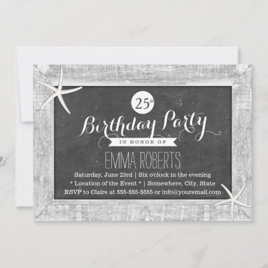 Rustikales Chalkboard Holz Gerahmte Starfish Gebur Einladung (Vorderseite)