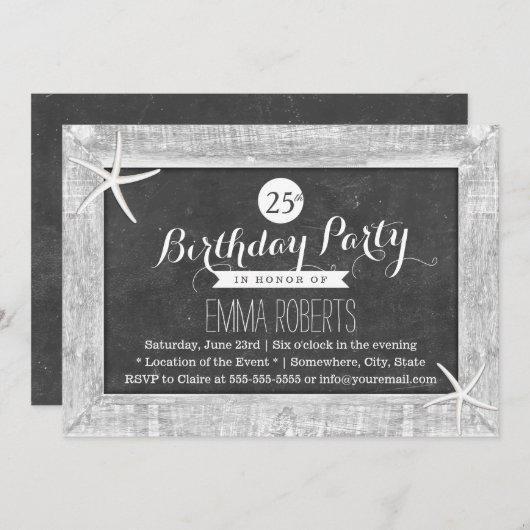 Rustikales Chalkboard Holz Gerahmte Starfish Gebur Einladung (Vorne/Hinten)
