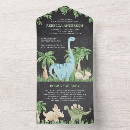 Rustikales Chalkboard Jungle Niedlich Dinosaur Bab All In One Einladung (Innen Boden)