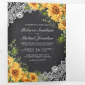 Rustikales Chalkboard Lace Sunflowers QR Code Hoch Dreifach Gefaltete Einladung (Innen Erste Seite)