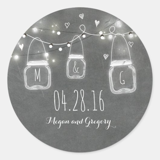 Rustikales Chalkboard Mason Jar Lights Hochzeit Runder Aufkleber (Vorderseite)