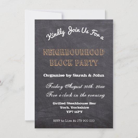 Rustikales Chalkboard Nachbarschaftsblock-Party Einladung (Vorderseite)