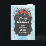 Rustikales Chalkboard Onkel Frohe Weihnachten Karte<br><div class="desc">Frohe Weihnachten für Onkel-Karte mit rustikalem Kalkbrettmuster und Winterfolien mit Poinsettias.</div>