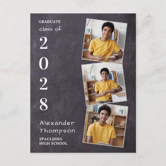 Rustikales Chalkboard Personalisiert 3 Foto Abschl Einladungspostkarte (Vorderseite)