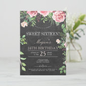 Rustikales Chalkboard Pink Roses FOTO 16 . Geburts Einladung (Stehend Vorderseite)