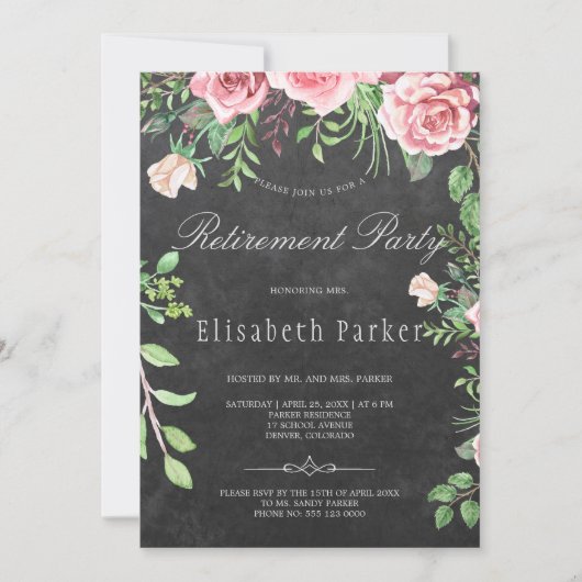 Rustikales Chalkboard Pink Roses Rentirement Party Einladung (Vorderseite)