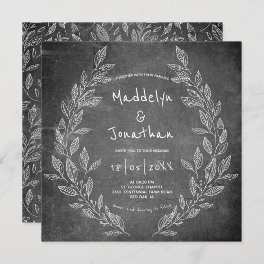 Rustikales Chalkboard Schwarz-weiß Floral Weddin Einladung (Vorne/Hinten)