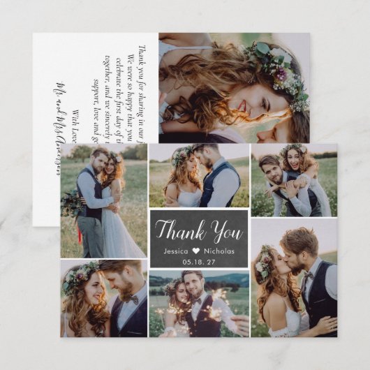 Rustikales Chalkboard Script 6 Foto Collage Weddin Dankeskarte (Vorne/Hinten)
