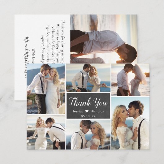 Rustikales Chalkboard Script 6 Foto Collage Weddin Dankeskarte (Vorne/Hinten)