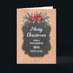 Rustikales Chalkboard Son Frohe Weihnachten Karte<br><div class="desc">Frohe Weihnachten für Söhnenkarte mit rustikalem Chalkboard-Muster und Winterfolien mit Poinsettias.</div>