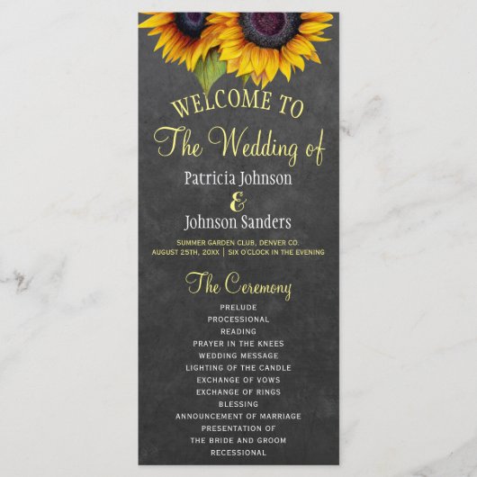 Rustikales Chalkboard Sonnenblumen Hochzeitsprogra Programm (Vorderseite)