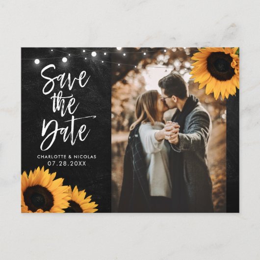 Rustikales Chalkboard Sonnenblumen Save the Date F Postkarte (Vorderseite)
