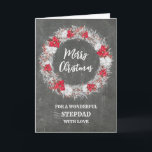 Rustikales Chalkboard Stepdad Frohe Weihnachten Karte<br><div class="desc">Frohe Weihnachten für Stiefvatkarte mit rustikalem Country Chalkboard Muster und schneebedeckten Kranz mit Poinsettias.</div>