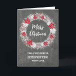 Rustikales Chalkboard Stepsister Frohe Weihnachten Karte<br><div class="desc">Frohe Weihnachten für Stiefschwesterkarte mit rustikalem Country-Chalkboard-Muster und schneebedecktem Kranz mit Poinsettias.</div>