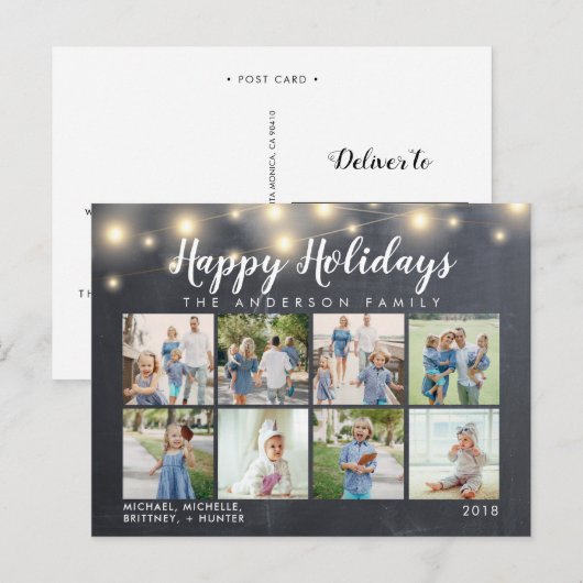 Rustikales Chalkboard String Lights Foto Holiday Postkarte (Vorne/Hinten)