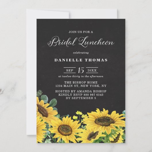 Rustikales Chalkboard Sunflowers Bridal Luncheon Einladung (Vorderseite)