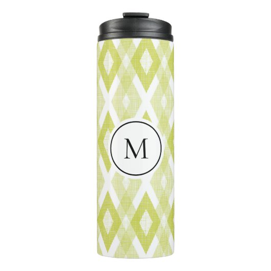 Rustikales Chartreuse-Ikat-Muster-Monogramm Thermosbecher (Vorderseite)