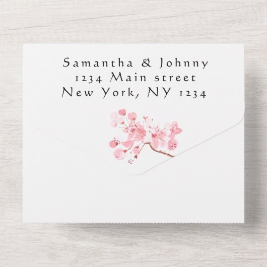Rustikales Cherry Blossom Japanisch Pink Blume Sak All In One Einladung (Rückseite)