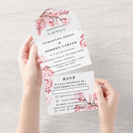Rustikales Cherry Blossom Japanisch Pink Blume Sak All In One Einladung (Abreißen)