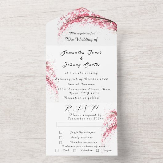 Rustikales Cherry Blossom Japanisch Pink Blume Sak All In One Einladung (Innen Boden)