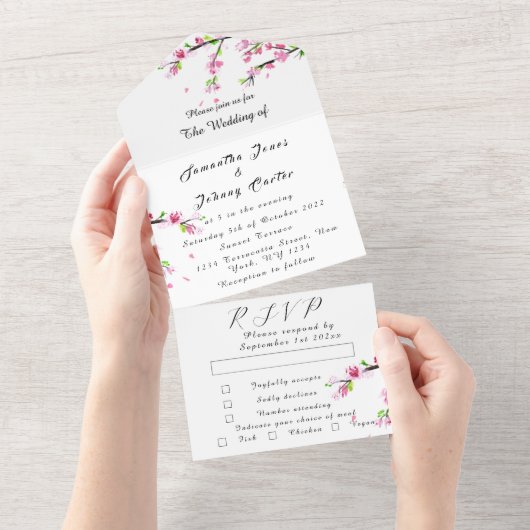 Rustikales Cherry Blossom Japanisch Pink Blume Sak All In One Einladung (Abreißen)