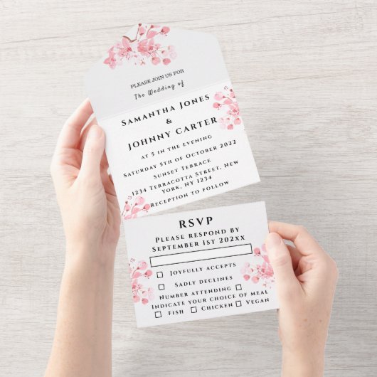 Rustikales Cherry Blossom Japanisch Pink Blume Sak All In One Einladung (Abreißen)