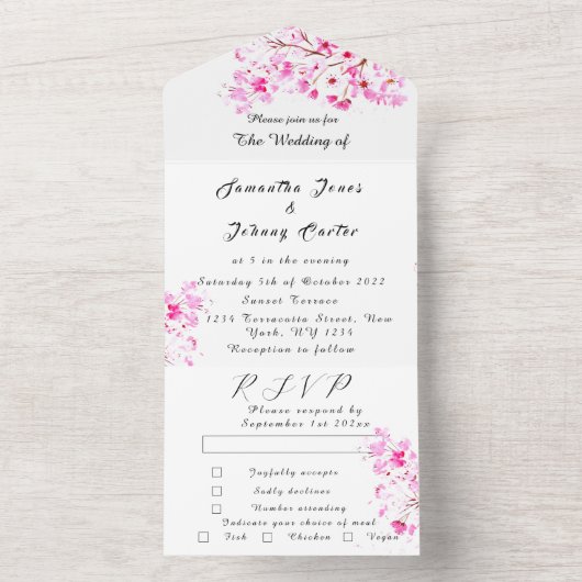 Rustikales Cherry Blossom Japanisch Pink Blume Sak All In One Einladung (Innen Boden)