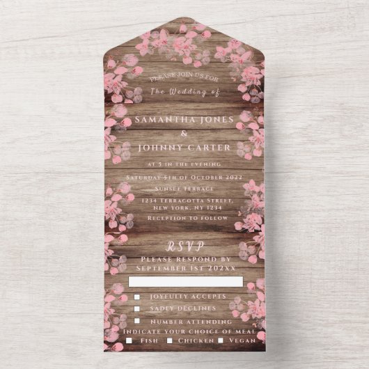 Rustikales Cherry Blossom japanische Blume Wood Sa All In One Einladung (Innen Boden)