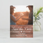 Rustikales Cherry Wood White Script Foto Save The Date (Stehend Vorderseite)