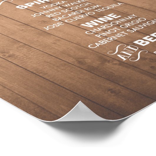 Rustikales Chic Bar Menu-Zeichen | Hochzeitsfeier  Poster (Ecke)