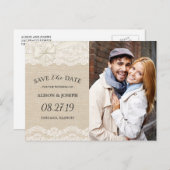 Rustikales Chic Ivory Burlap Lace Save the Date Fo Ankündigungspostkarte (Vorne/Hinten)