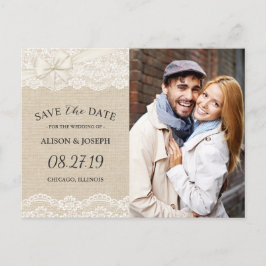 Rustikales Chic Ivory Burlap Lace Save the Date Fo Ankündigungspostkarte