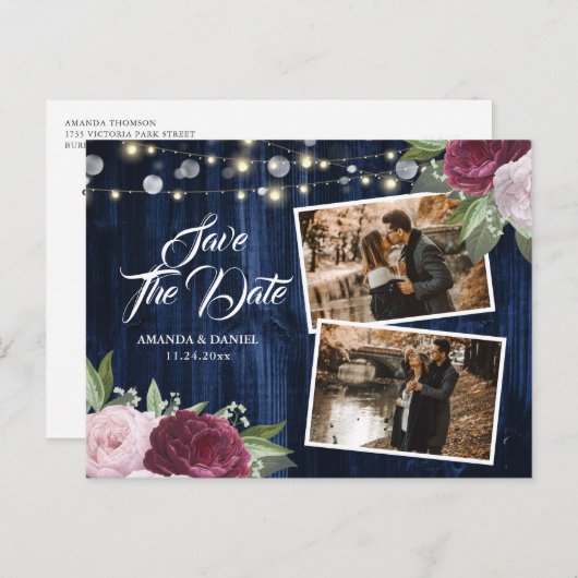 Rustikales Chic Navy Blue Burgundy Save the Date F Ankündigungspostkarte (Vorne/Hinten)