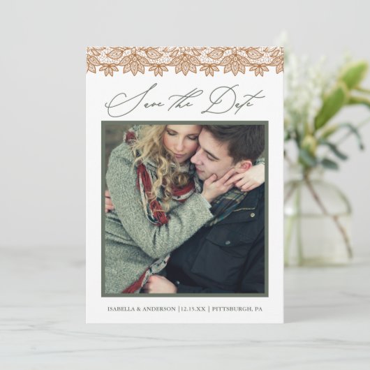 Rustikales Chic Sage und Burlap-Foto Save the Date (Stehend Vorderseite)