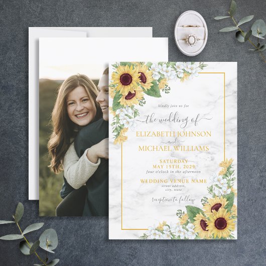 Rustikales Chic Sunflower & Gray Foto Hochzeit Einladung