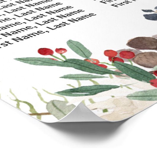 Rustikales Chic Winter Floral Wedding Chart Poster (Ecke)