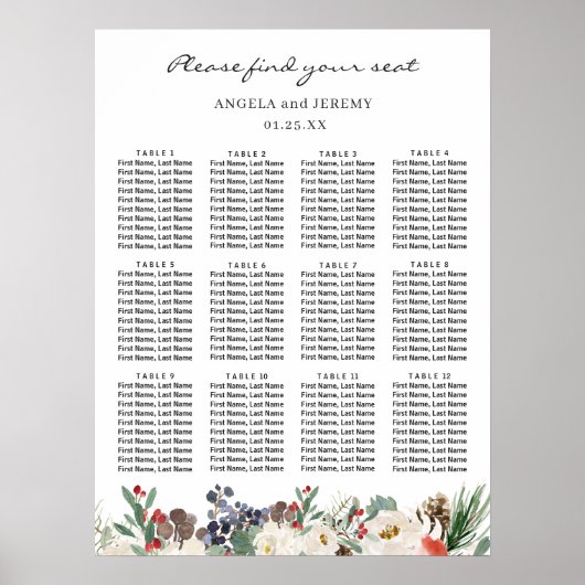 Rustikales Chic Winter Floral Wedding Chart Poster (Vorne)
