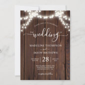 Rustikales Chic Wood String Light Foto Wedding Inv Einladung (Vorderseite)