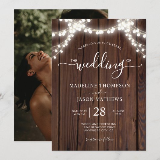 Rustikales Chic Wood String Light Foto Wedding Inv Einladung (Vorne/Hinten)
