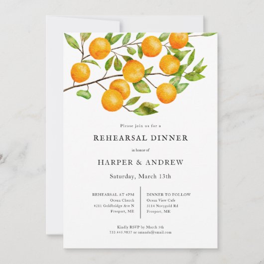 Rustikales Citrus Hochzeit Probe Dinner Einladung (Vorderseite)
