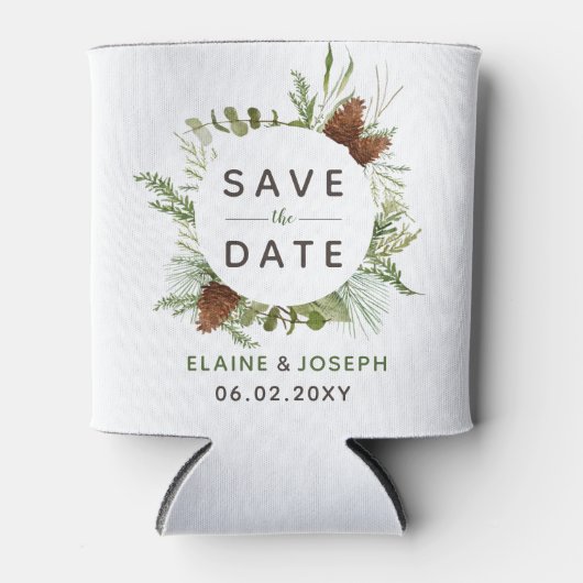 Rustikales Conifer Pine Cone Save the Date Foto Dosenkühler (Vorderseite)