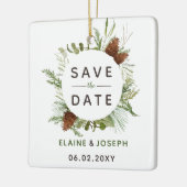 Rustikales Conifer Pine Cone Save the Date Foto Keramikornament (Links)