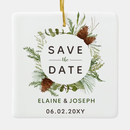 Rustikales Conifer Pine Cone Save the Date Foto Keramikornament (Vorderseite)