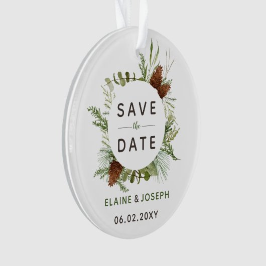 Rustikales Conifer Pine Cone Save the Date Foto Ornament (Vorderseite)