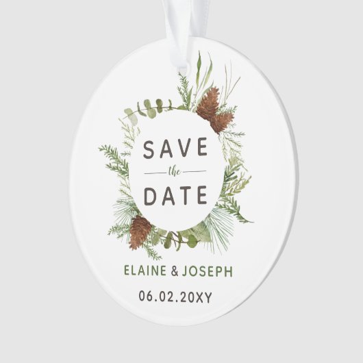 Rustikales Conifer Pine Cone Save the Date Foto Ornament (Vorderseite)