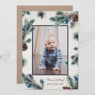 Rustikales Conifer Watercolor Pinecones Foto Feiertagskarte