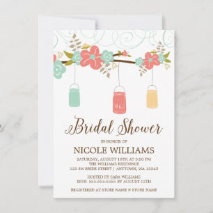 Rustikales Coral Mint Mason Jar Branch Brautparty Einladung