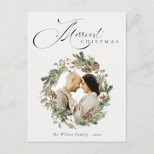 Rustikales Cotton Pine Cone Weihnachtskranz Foto Postkarte (Vorderseite)