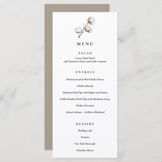 Rustikales Cotton Wedding Dinner Menü (Vorne/Hinten)