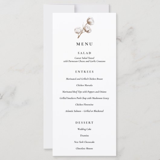 Rustikales Cotton Wedding Dinner Menü (Vorderseite)